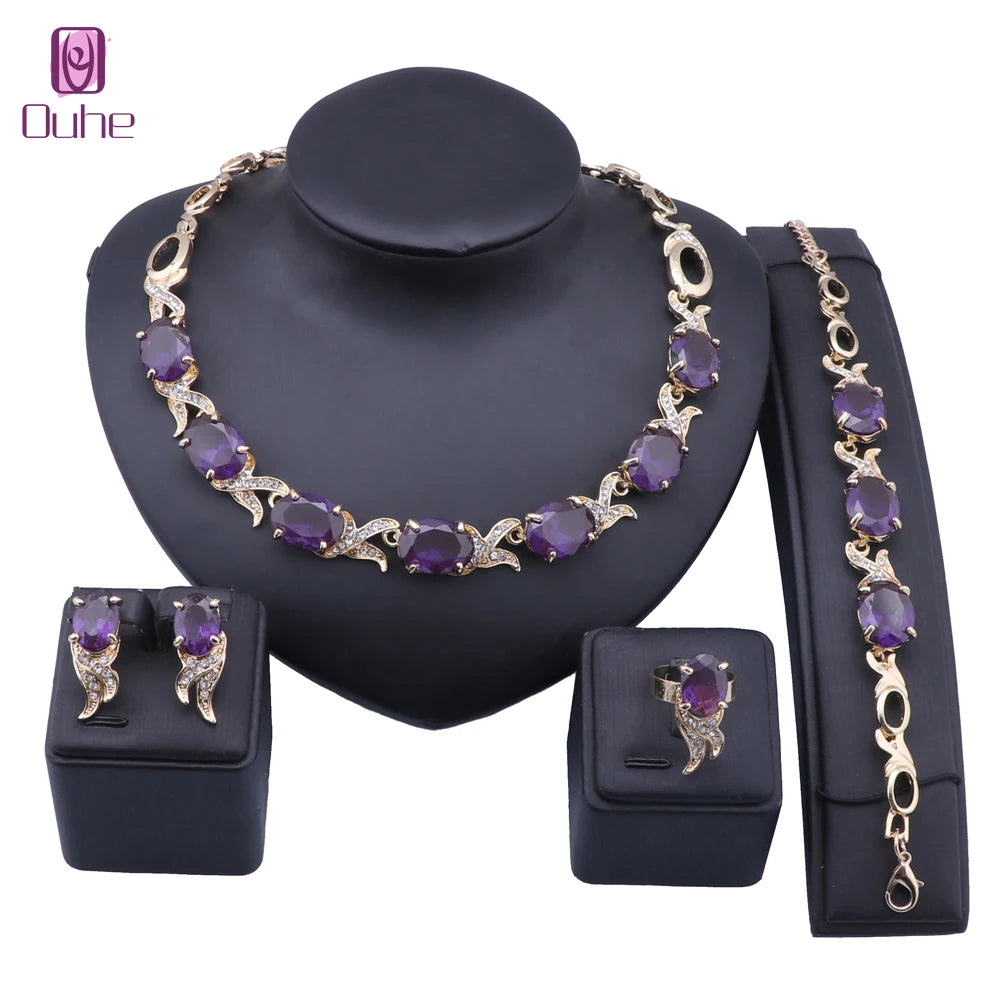 Parure Éclat Violet – Collier, bracelet, boucles d’oreilles et bague couleur or