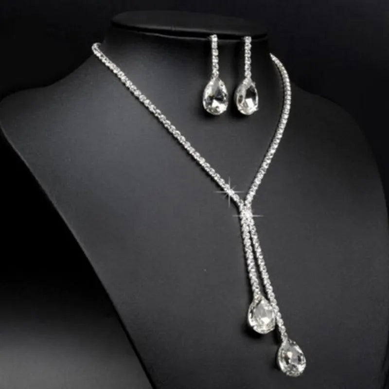 Fashion 1 set Wedding Bridal Jewelry Sets Simple Luxury Full Crystal Chain Water Drop Necklaces & Pendants Dangle Earrings Sets