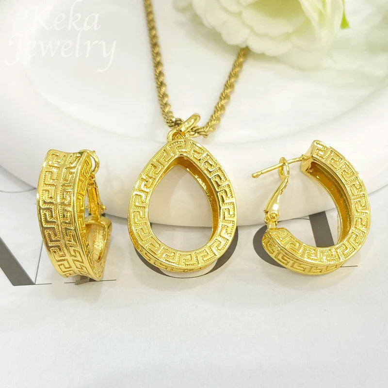 Dubai Golden Jewelry Sets for Women Luxury Italian Bridal Necklace Pendant Earrings Wedding Party Accessories Lady Gifts