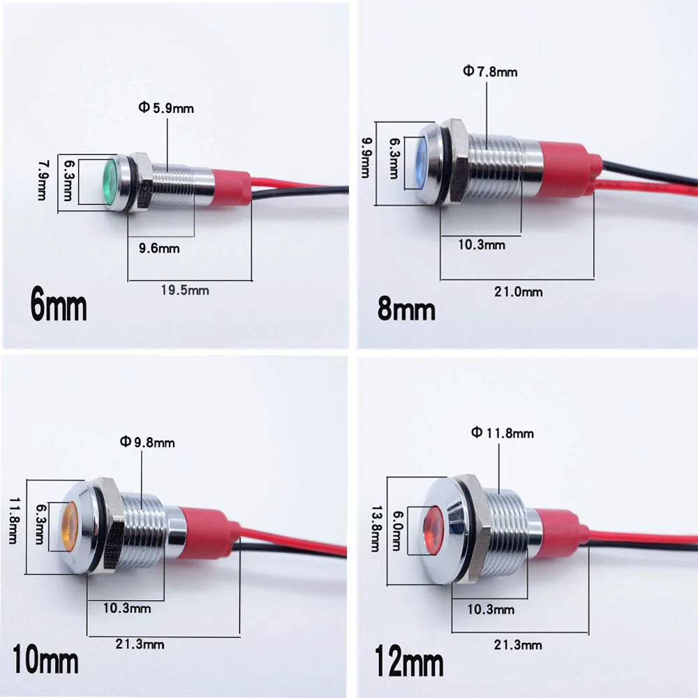 Metal Indicator Light 6mm 8mm 10mm 12mm With Wire LED Lamp Warning Signal Lamp 3-6v 12-24v 110-220V Red Green Blue White Orange