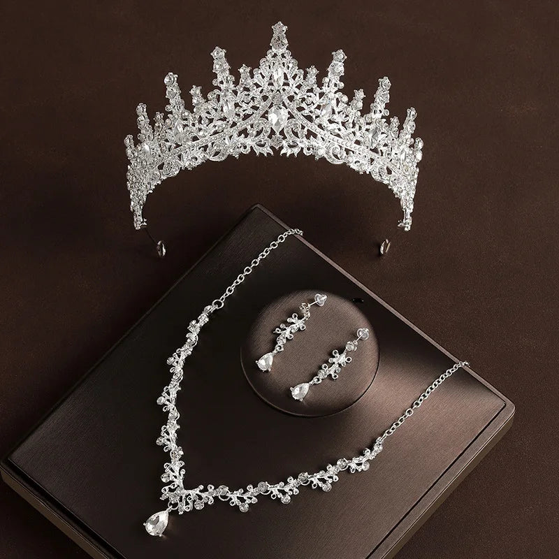 Parure de mariée 4 pièces en alliage et cristal – Diadème, collier et paire de boucles d’oreilles