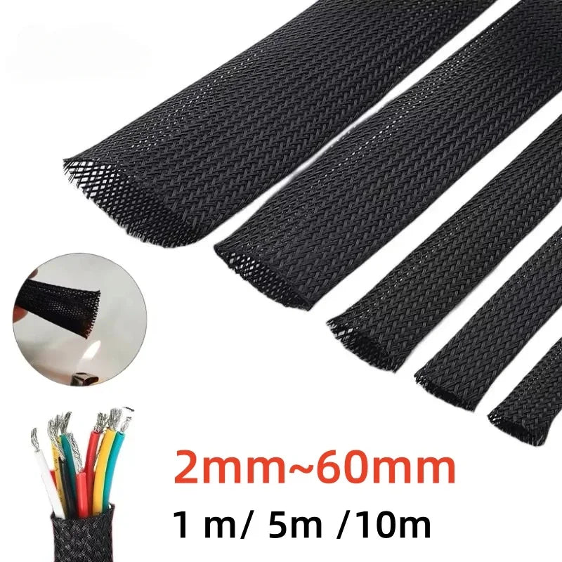 PET Black Cable Sleeve 6/8/10/16/20/30mm Insulated Braided Sleeving Data Line Protection Wire Cable Flame-Retardant Nylon Tube