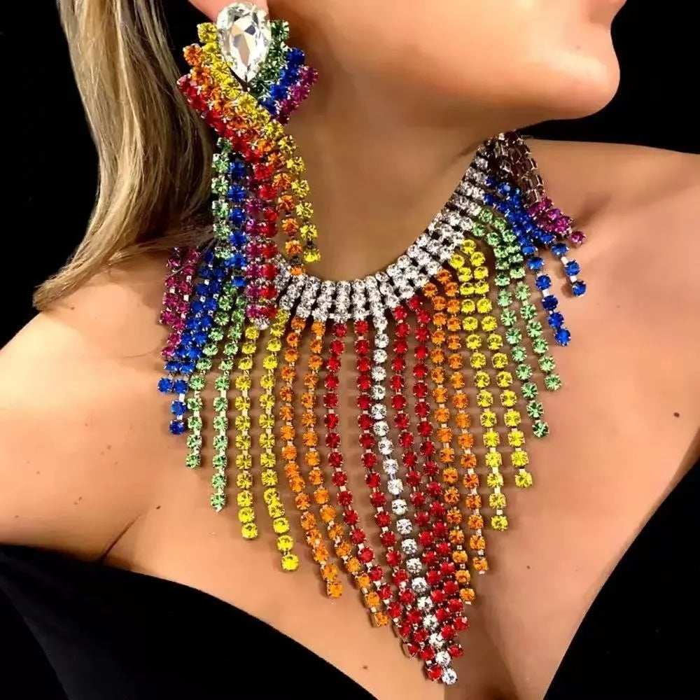 Luxury Vintage Rainbow Tassel Jewelry Set Elegant Chain Rhinestone Crystal Necklace Gorgeous Shiny Ear Studs Party