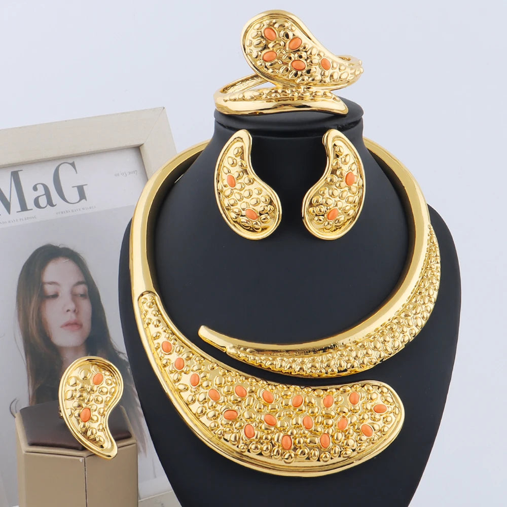 Gold Plated Necklace Earrings Bracelet Ring Jewelry Set for Women Elegant Gift Set for Party Wedding Jeweler Clearance Sale Item