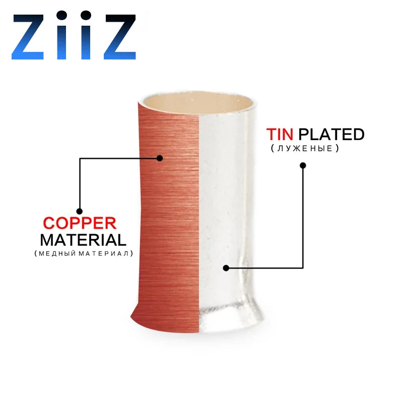 100PCS EN Series Non-Insulated Wire Connector Ferrules Electrical Cable Terminal Copper Bare Tinned Crimp Terminal 22-10 AWG
