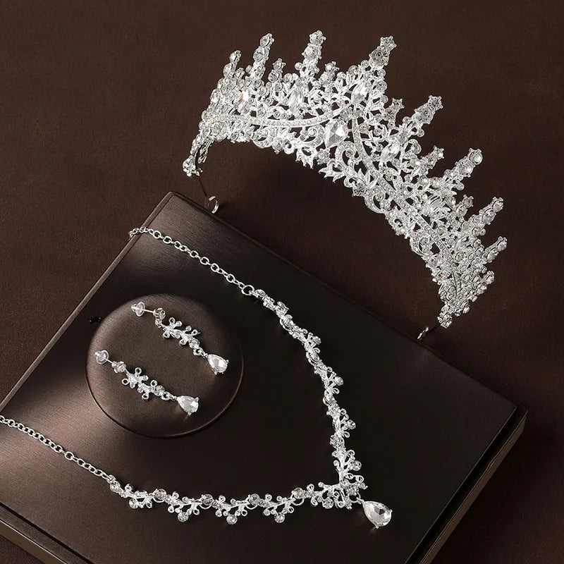 Parure de mariée 4 pièces en alliage et cristal – Diadème, collier et paire de boucles d’oreilles