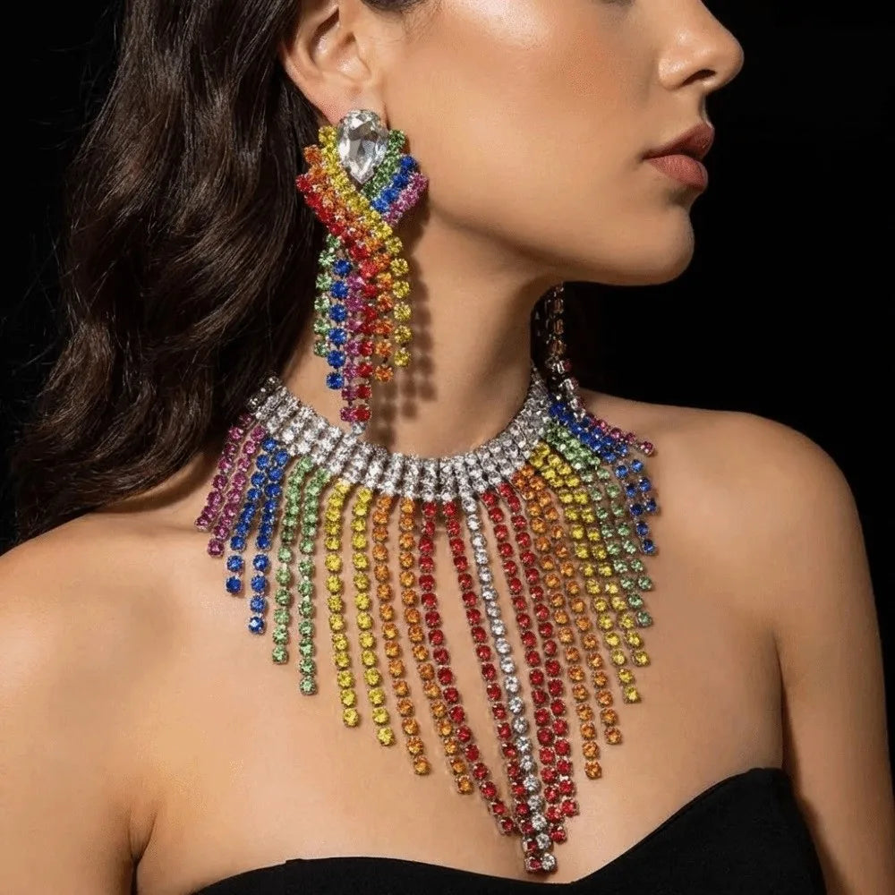 Luxury Vintage Rainbow Tassel Jewelry Set Elegant Chain Rhinestone Crystal Necklace Gorgeous Shiny Ear Studs Party