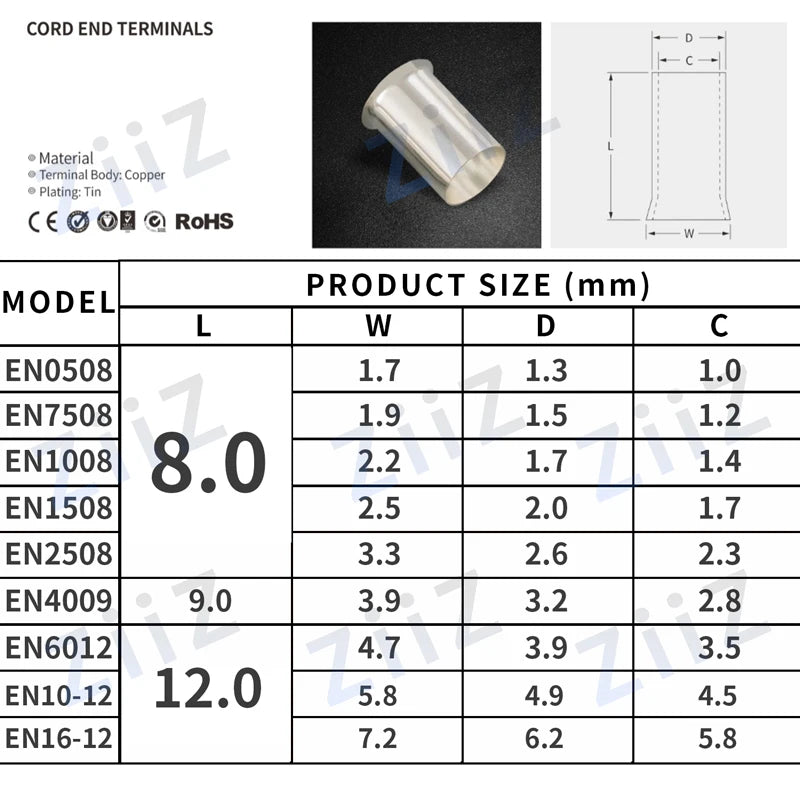 100PCS EN Series Non-Insulated Wire Connector Ferrules Electrical Cable Terminal Copper Bare Tinned Crimp Terminal 22-10 AWG