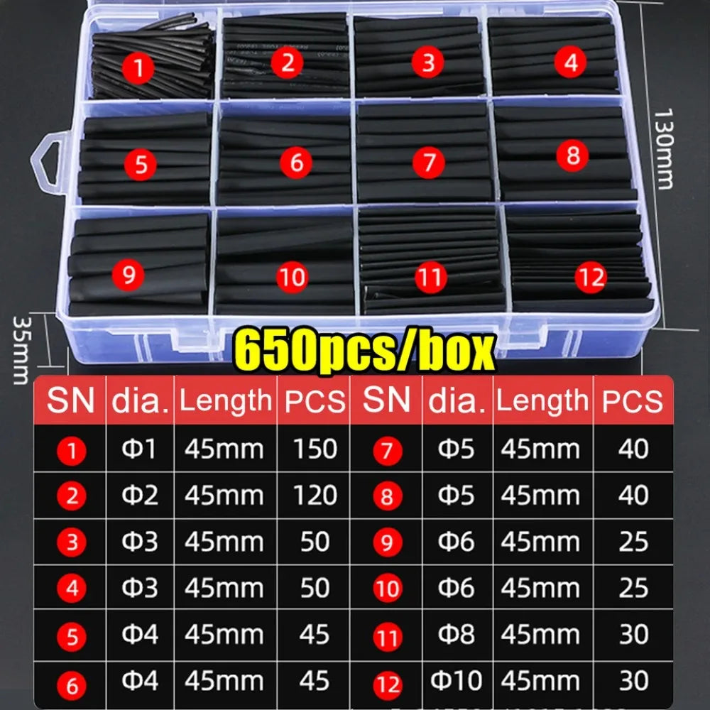 Black Heat Shrink Tube Kit Thermoresistant Tubing Shrink Wire Wrapping Electrical Connection Cable Insulation Sleeves Protecter