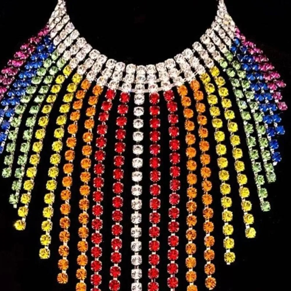Luxury Vintage Rainbow Tassel Jewelry Set Elegant Chain Rhinestone Crystal Necklace Gorgeous Shiny Ear Studs Party
