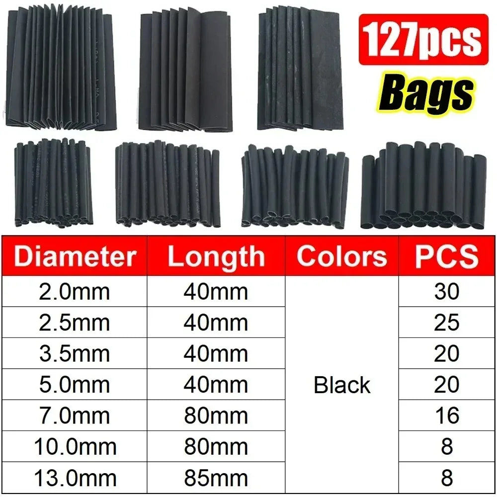 Black Heat Shrink Tube Kit Thermoresistant Tubing Shrink Wire Wrapping Electrical Connection Cable Insulation Sleeves Protecter