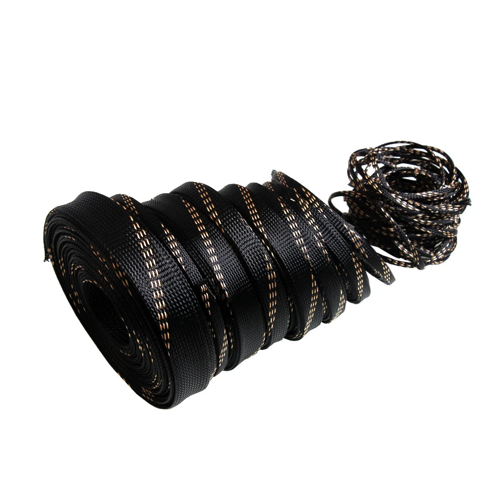 1/5M/10/20M Insulation Braided Sleeves Black+Gold 4/6/8/10/12/15/20/25mm Wire Protection High Expandable Braided Sleeving Cable