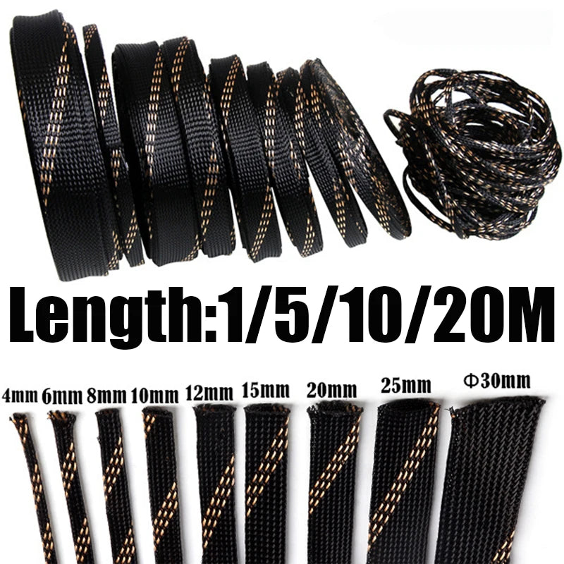 1/5M/10/20M Insulation Braided Sleeves Black+Gold 4/6/8/10/12/15/20/25mm Wire Protection High Expandable Braided Sleeving Cable