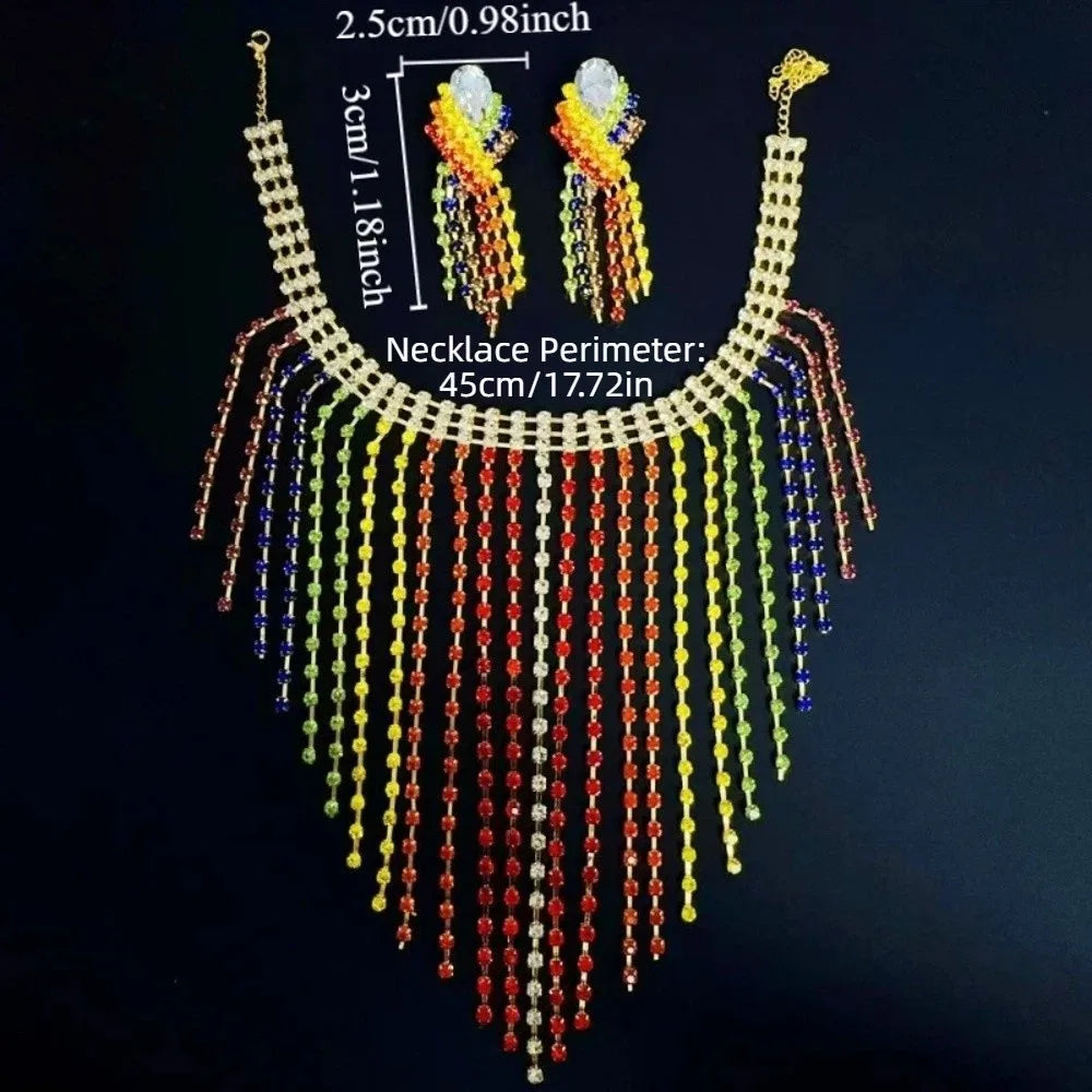 Luxury Vintage Rainbow Tassel Jewelry Set Elegant Chain Rhinestone Crystal Necklace Gorgeous Shiny Ear Studs Party