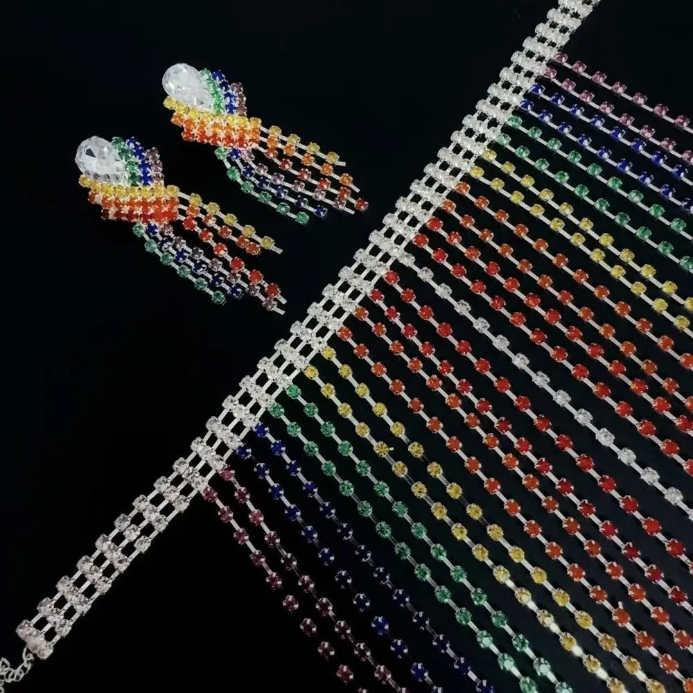 Luxury Vintage Rainbow Tassel Jewelry Set Elegant Chain Rhinestone Crystal Necklace Gorgeous Shiny Ear Studs Party