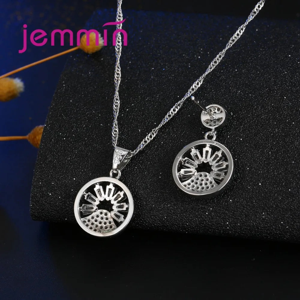 New Genuine 925 Sterling Silver Jewelry Set Fashion Wedding Jewelry Exquisit Round Design Earrings+Necklace Jewelry Sets