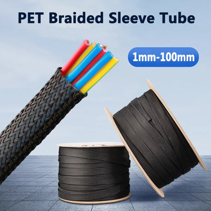 1M 1mm-100mm Black PET Expandable Braided Sleeving Flexible Wire Mesh Sleeve Black For TV Audio PC Cords Wire Cable Protecter