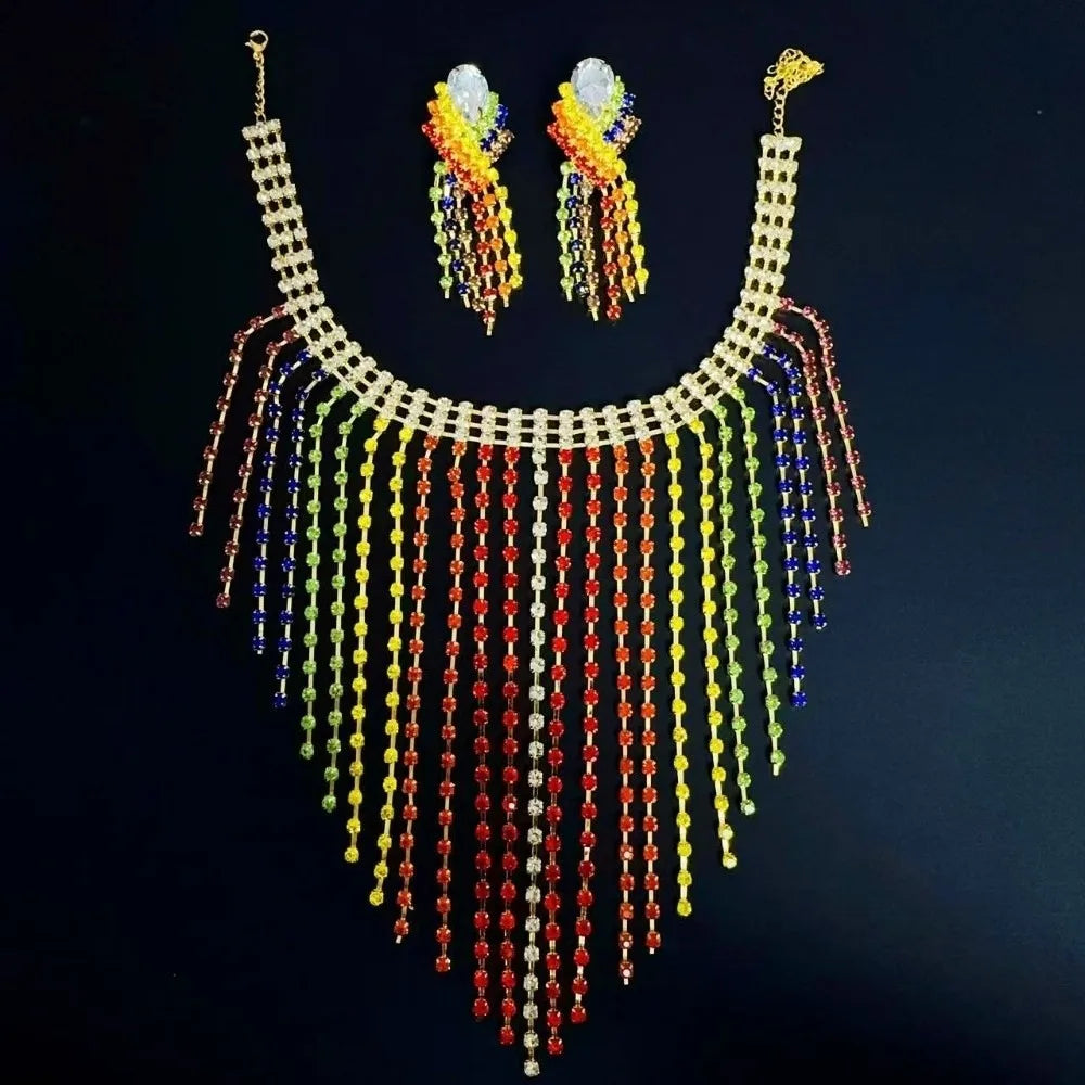 Luxury Vintage Rainbow Tassel Jewelry Set Elegant Chain Rhinestone Crystal Necklace Gorgeous Shiny Ear Studs Party