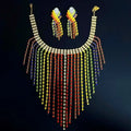 Luxury Vintage Rainbow Tassel Jewelry Set Elegant Chain Rhinestone Crystal Necklace Gorgeous Shiny Ear Studs Party