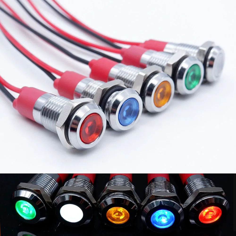 Metal Indicator Light 6mm 8mm 10mm 12mm With Wire LED Lamp Warning Signal Lamp 3-6v 12-24v 110-220V Red Green Blue White Orange