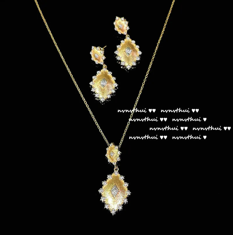 Parure vintage plaquée or 18 carats pour femme – Collier avec pendentif, boucles d’oreilles et bague pour mariage et banquet