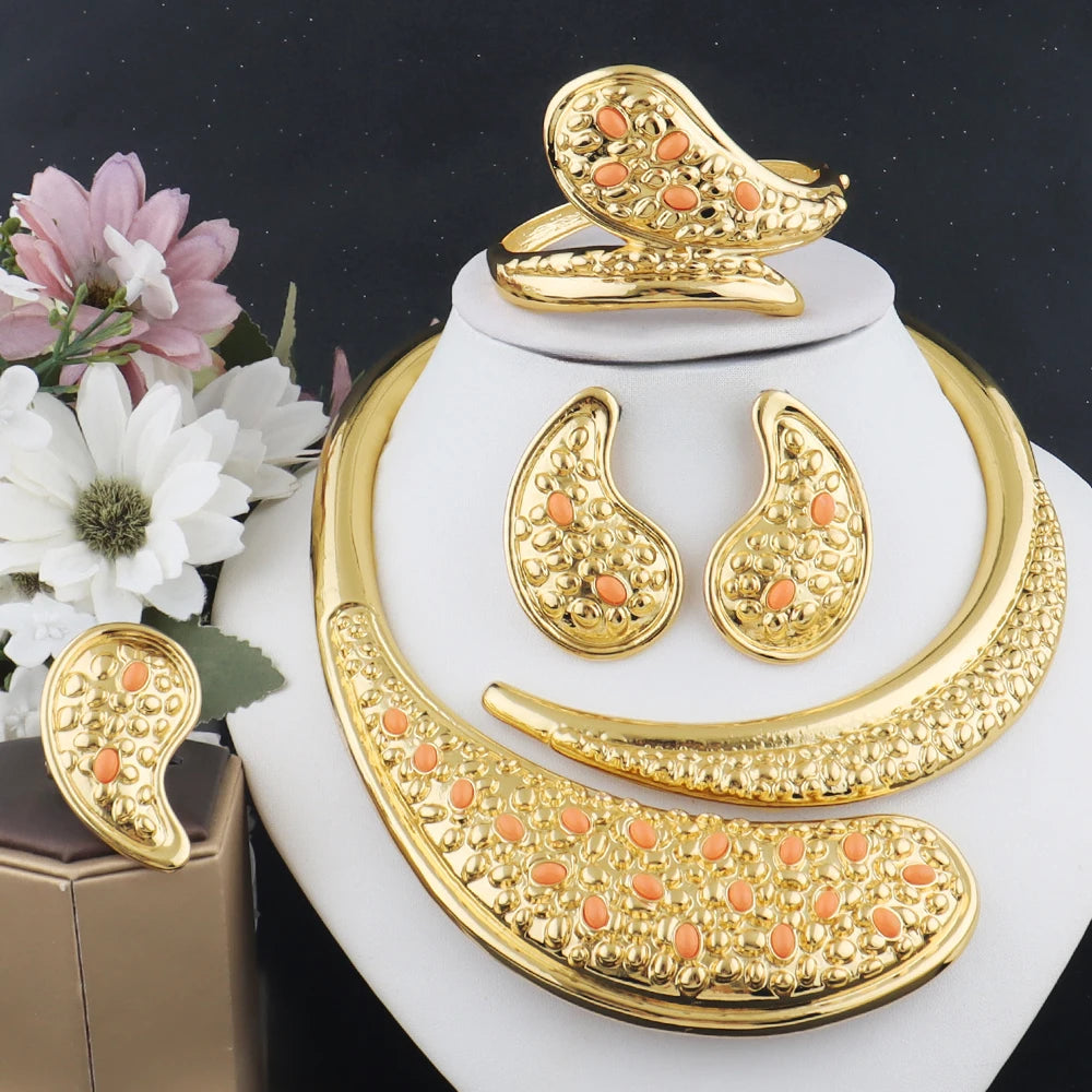 Gold Plated Necklace Earrings Bracelet Ring Jewelry Set for Women Elegant Gift Set for Party Wedding Jeweler Clearance Sale Item