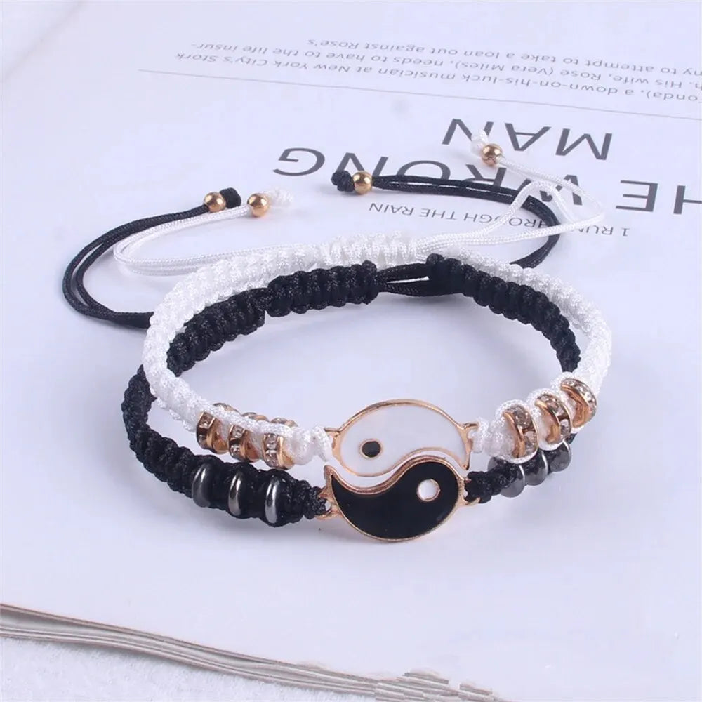2 PC Jewelry Set Couple Black White Tai Chi Bracelet Rope Adjustable Chain Set Simple Style Daily Wear Jewelry