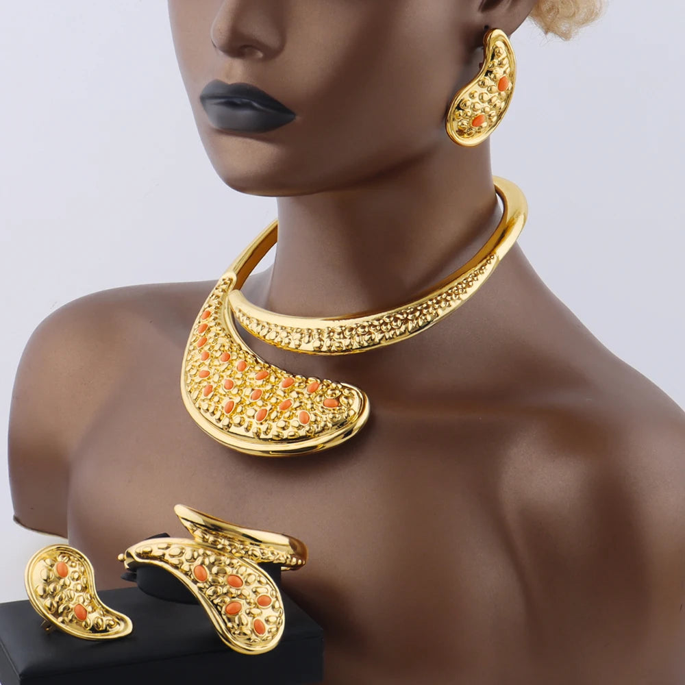 Gold Plated Necklace Earrings Bracelet Ring Jewelry Set for Women Elegant Gift Set for Party Wedding Jeweler Clearance Sale Item