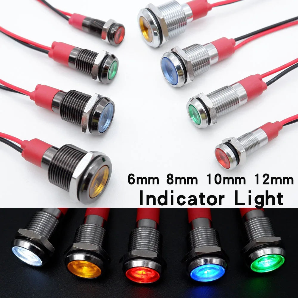 1pcs Metal Indicator Light 6mm 8mm 10mm 12mm LED Light Black Silver  with Wire 3V 5V 6V 12V 24V 110V 220V Red Yellow Blue Green