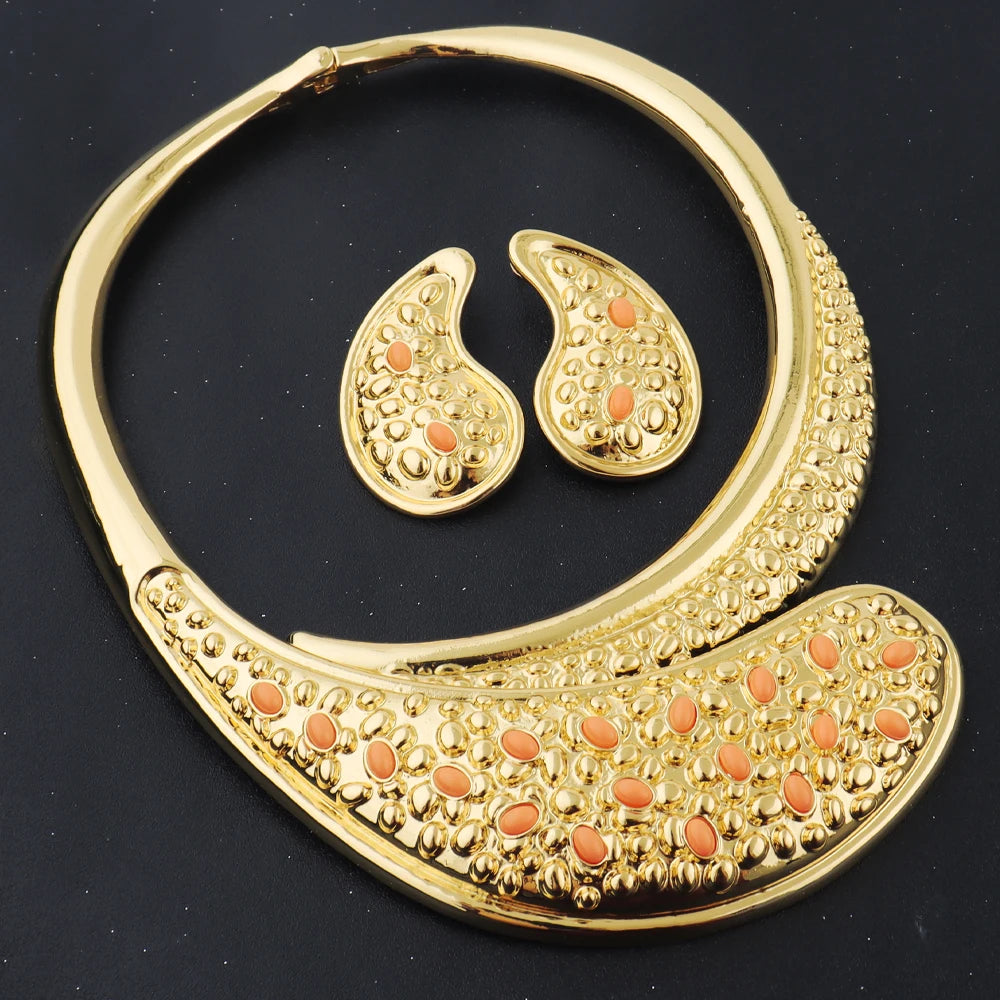Gold Plated Necklace Earrings Bracelet Ring Jewelry Set for Women Elegant Gift Set for Party Wedding Jeweler Clearance Sale Item