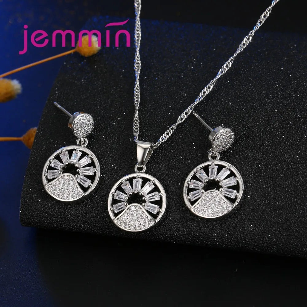 New Genuine 925 Sterling Silver Jewelry Set Fashion Wedding Jewelry Exquisit Round Design Earrings+Necklace Jewelry Sets