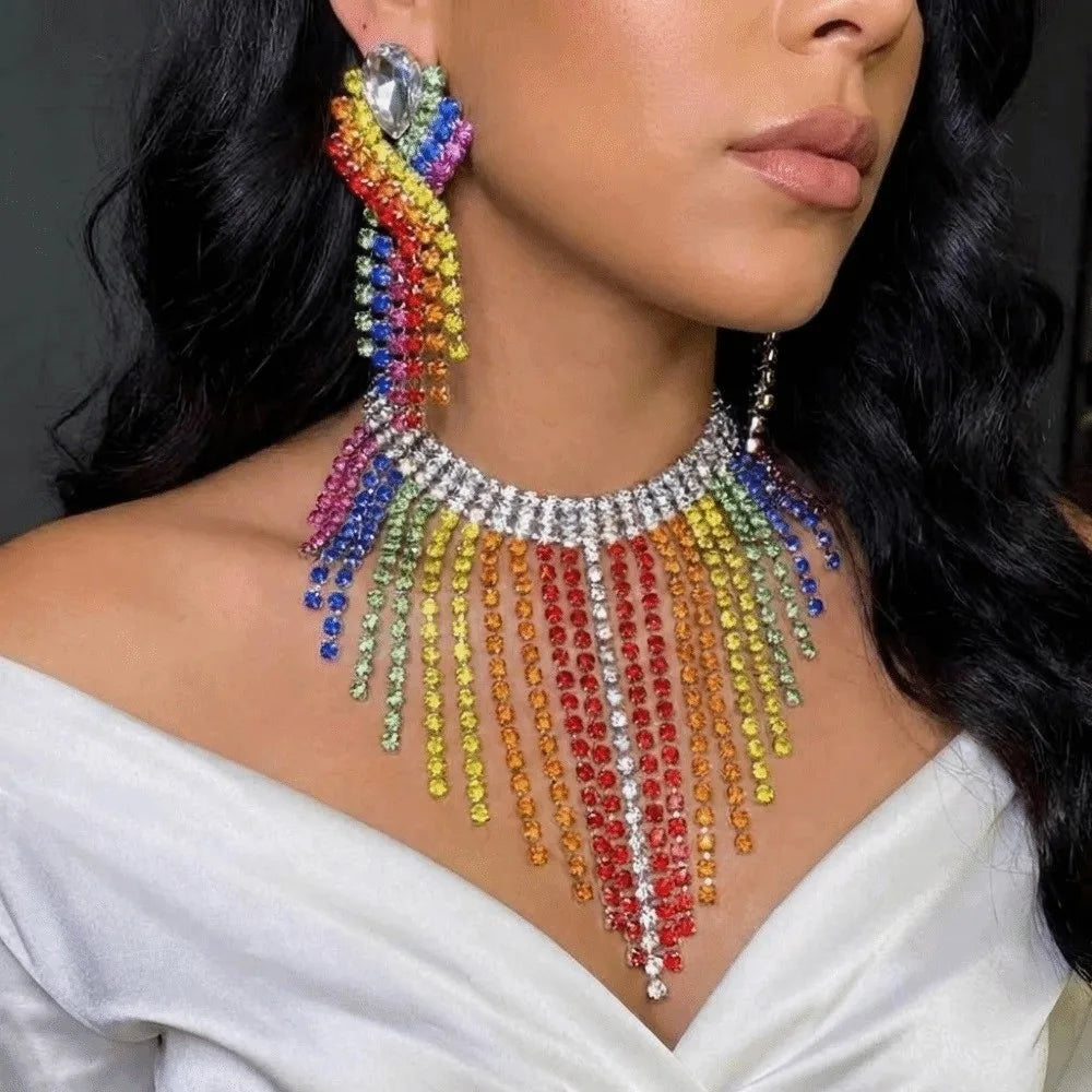 Luxury Vintage Rainbow Tassel Jewelry Set Elegant Chain Rhinestone Crystal Necklace Gorgeous Shiny Ear Studs Party