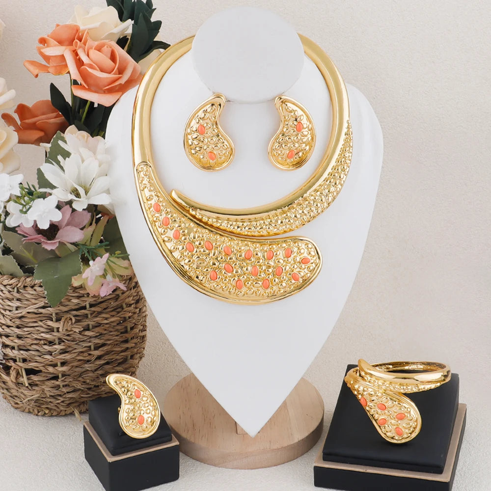 Gold Plated Necklace Earrings Bracelet Ring Jewelry Set for Women Elegant Gift Set for Party Wedding Jeweler Clearance Sale Item