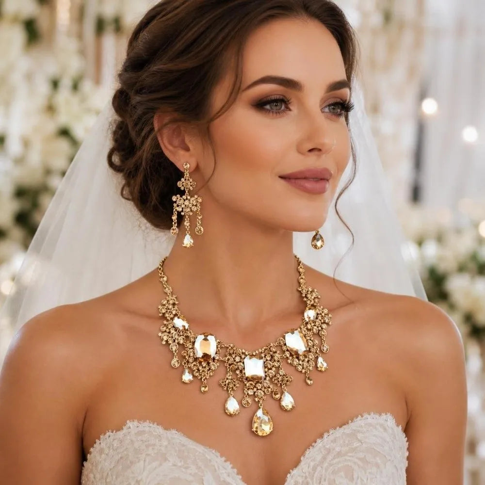 Elegant Rhinestone Jewelry Set Shiny Baroque Necklace Earrings Set Exquisite Luxury Wedding Bridal Accessories Wedding Party