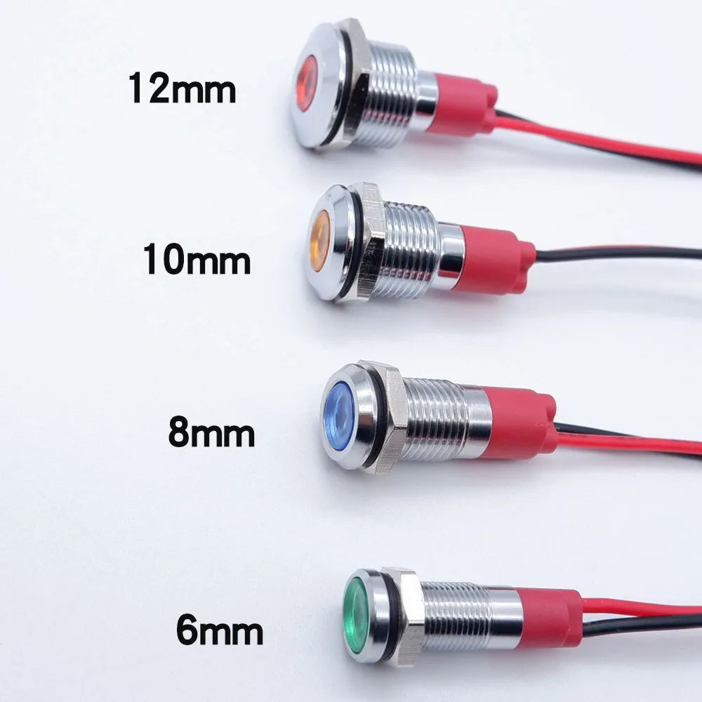 Metal Indicator Light 6mm 8mm 10mm 12mm With Wire LED Lamp Warning Signal Lamp 3-6v 12-24v 110-220V Red Green Blue White Orange