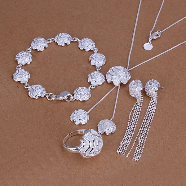 Hot Wedding Jewelry Noble Elegant Roses Flower Ring Necklaces Bracelets Bead Chain Stud Earrings Silver Color Jewelry Sets