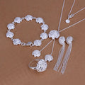 Hot Wedding Jewelry Noble Elegant Roses Flower Ring Necklaces Bracelets Bead Chain Stud Earrings Silver Color Jewelry Sets