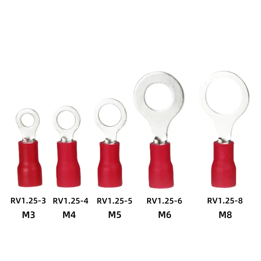 10/50/100Pcs Rv1.25 M3M4M5M6M8 Electrical Ring Crimp Wire Connectors Insulated Wiring Terminals 22-16AWG Red