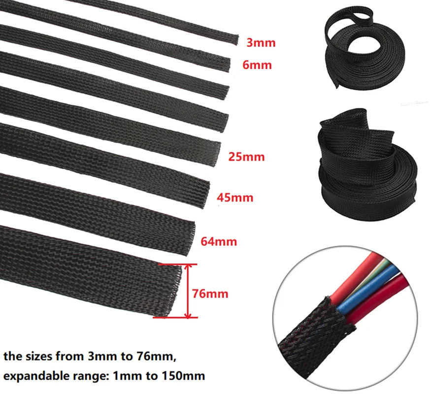 PET Black Cable Sleeve Length1/3/5/50/100M Insulated Braided Sleeving Data Line Protection Wire Cable Flame-Retardant Nylon Tube