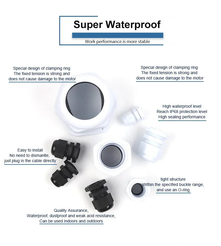 IP68 Waterproof Cable Gland Black Plastic Seal Joint Nylon M12/M16/M18/M20/M22/M25/M27/M30 White Waterproof Cable Connector