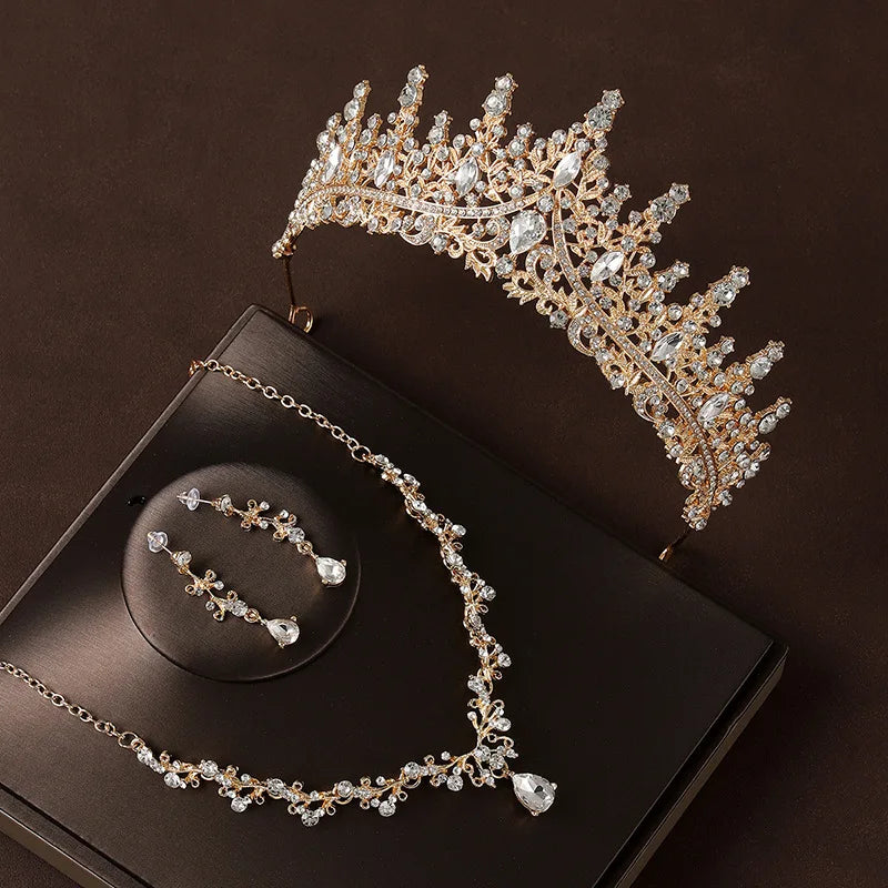 Parure de mariée 4 pièces en alliage et cristal – Diadème, collier et paire de boucles d’oreilles