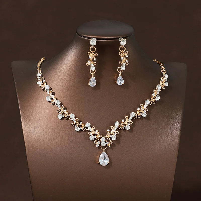 Parure de mariée 4 pièces en alliage et cristal – Diadème, collier et paire de boucles d’oreilles