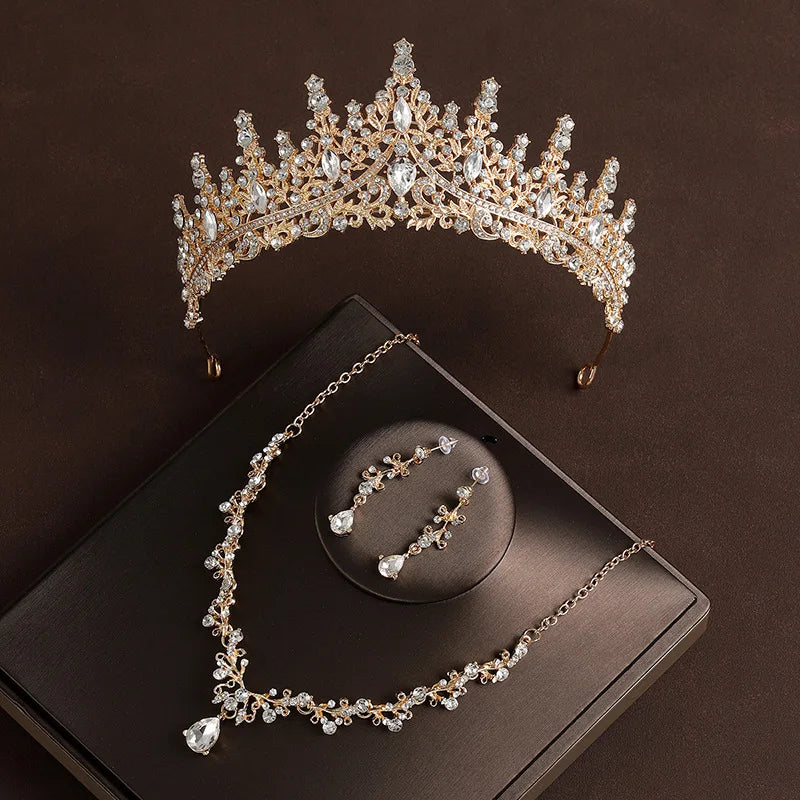 Parure de mariée 4 pièces en alliage et cristal – Diadème, collier et paire de boucles d’oreilles